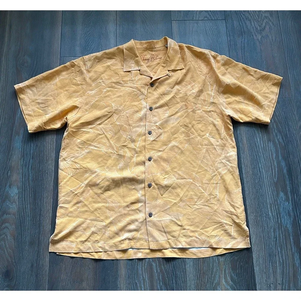 Tommy Bahama Hawaiian Shirt Men's Large Orange Floral Tropical Silk Print